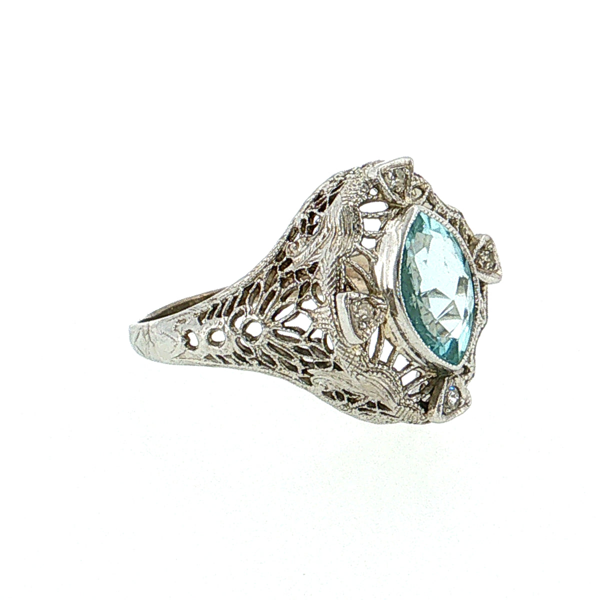 1.01 Antique Art Deco Aquamarine & Diamond Cocktail Ring 14k