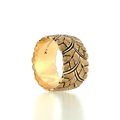 Vintage Mid-Century Wide Engraved Leaf Ring 14k