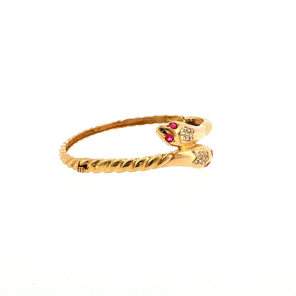 Ruby & Diamond Snake Bangle Bracelet 18k Yellow Gold