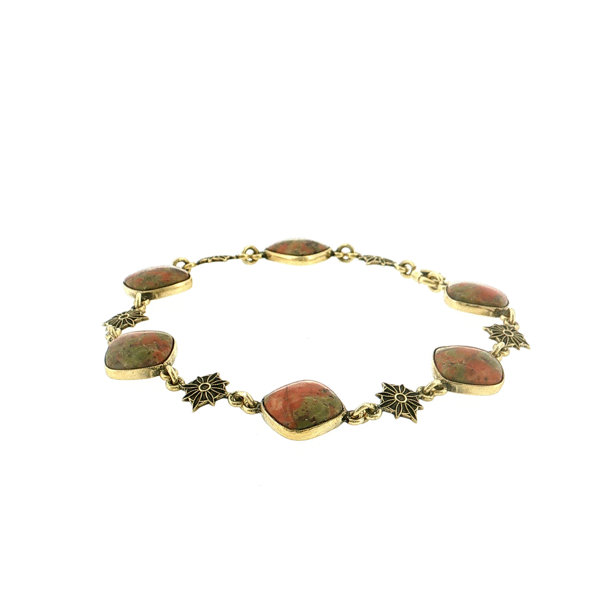 Vintage Mid-Century Unakite Bracelet 14k Yellow Gold