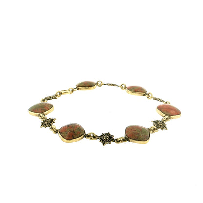 Vintage Mid-Century Unakite Bracelet 14k Yellow Gold