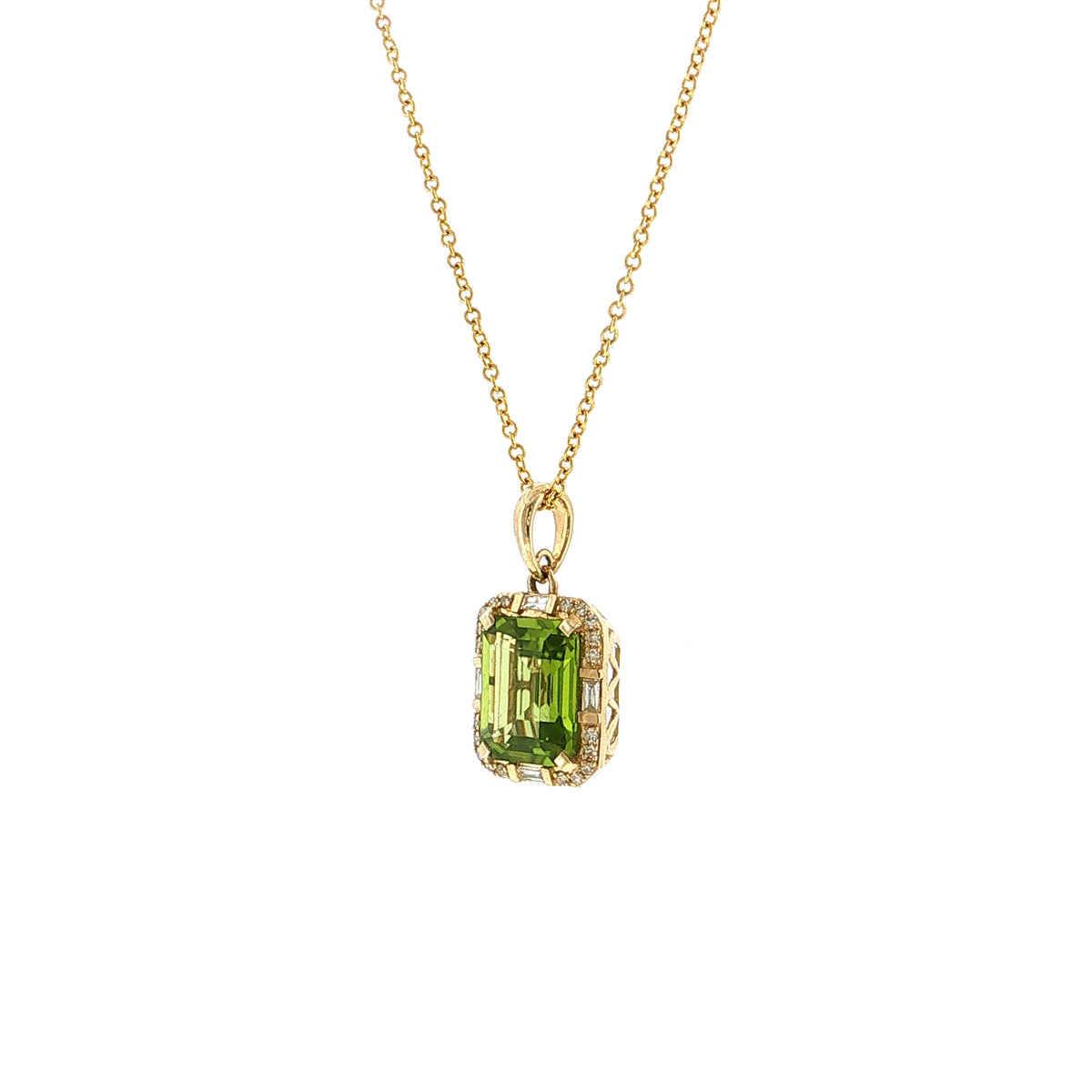 3.33 Emerald Cut Peridot & Diamond Pendant 14k Yellow Gold