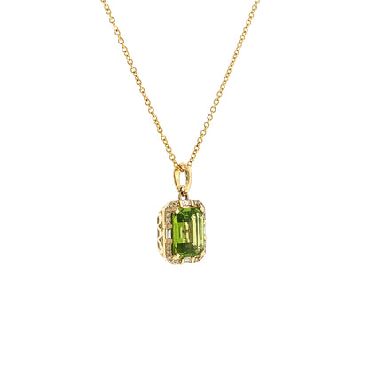 3.33 Emerald Cut Peridot & Diamond Pendant 14k Yellow Gold