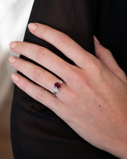 1.48 Ruby & Diamond Three Stone Ring 18k White Gold