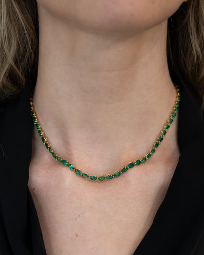 26.59 Pear Cut Emerald Tennis Necklace 18k Yellow Gold