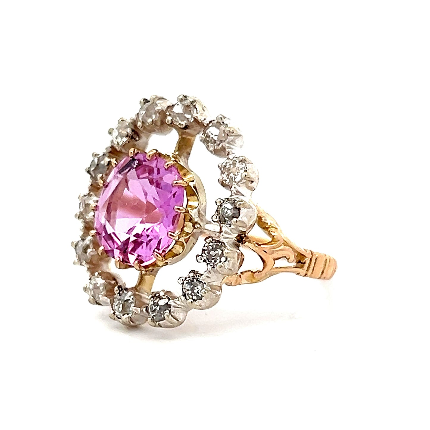 Antique Imperial Pink Topaz & Diamond Ring in 14k Gold