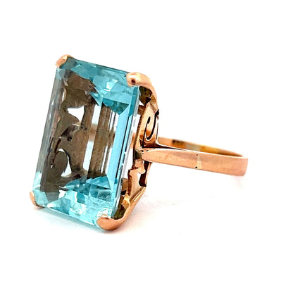 Vintage Emerald Cut Aquamarine Cocktail Ring in Rose Gold