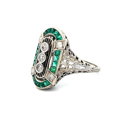 .17 Art Deco Emerald & Diamond Cocktail Ring in 18k White Gold