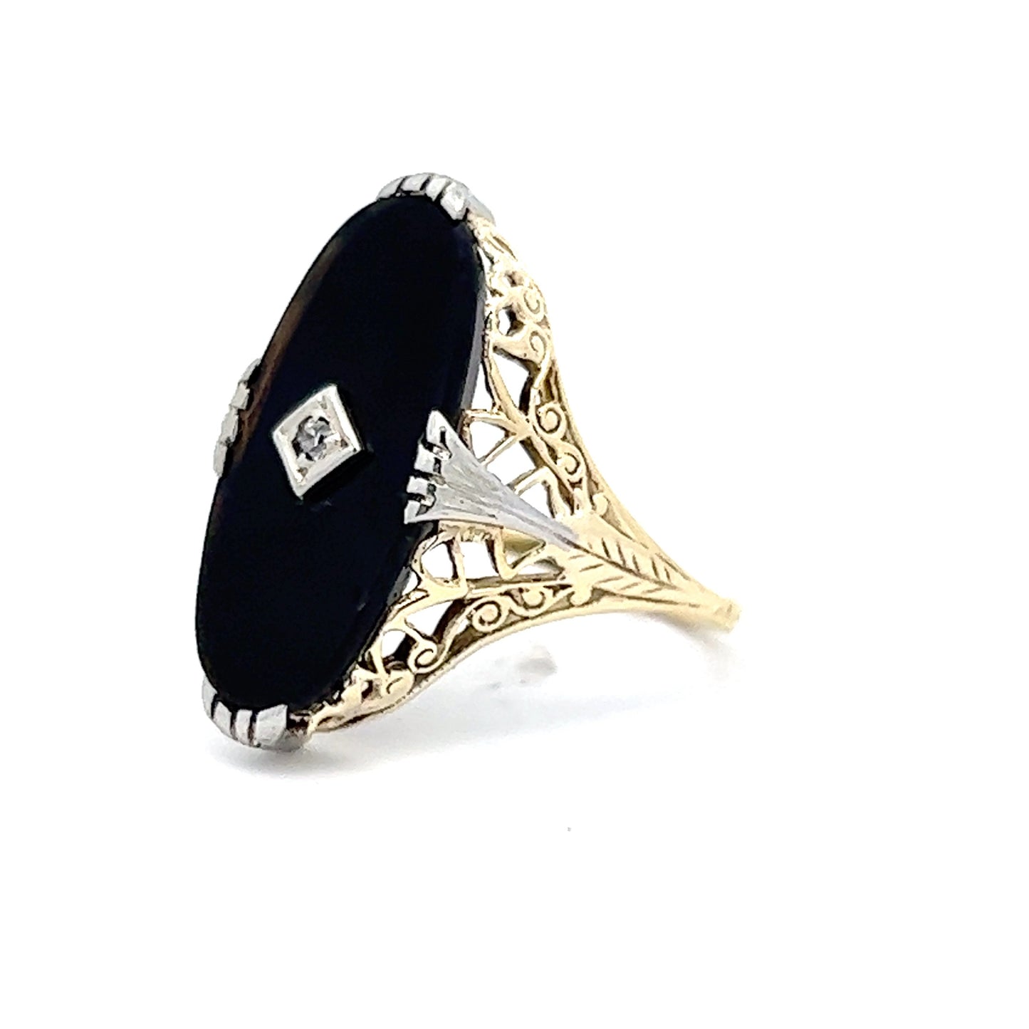 Vintage Deco Diamond Filigree Cocktail Ring in Yellow Gold