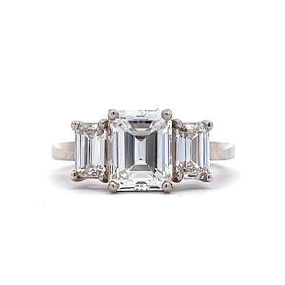 2.02 Emerald Cut Diamond Three Stone Engagement Ring in 18k White Gold