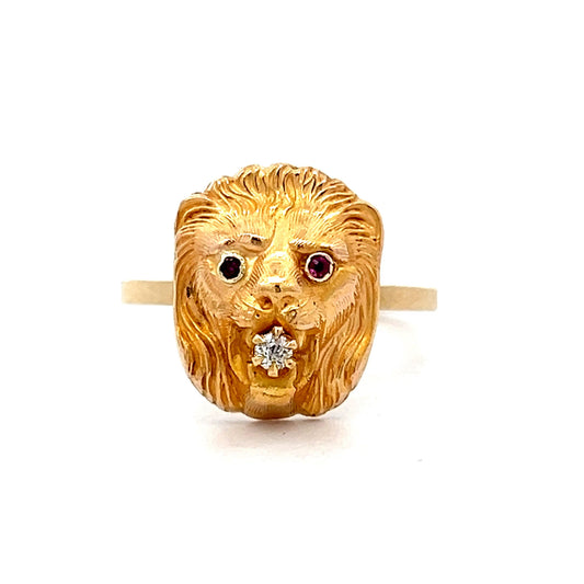 Antique Victorian Lions Head Ring in 14k Yellow Gold