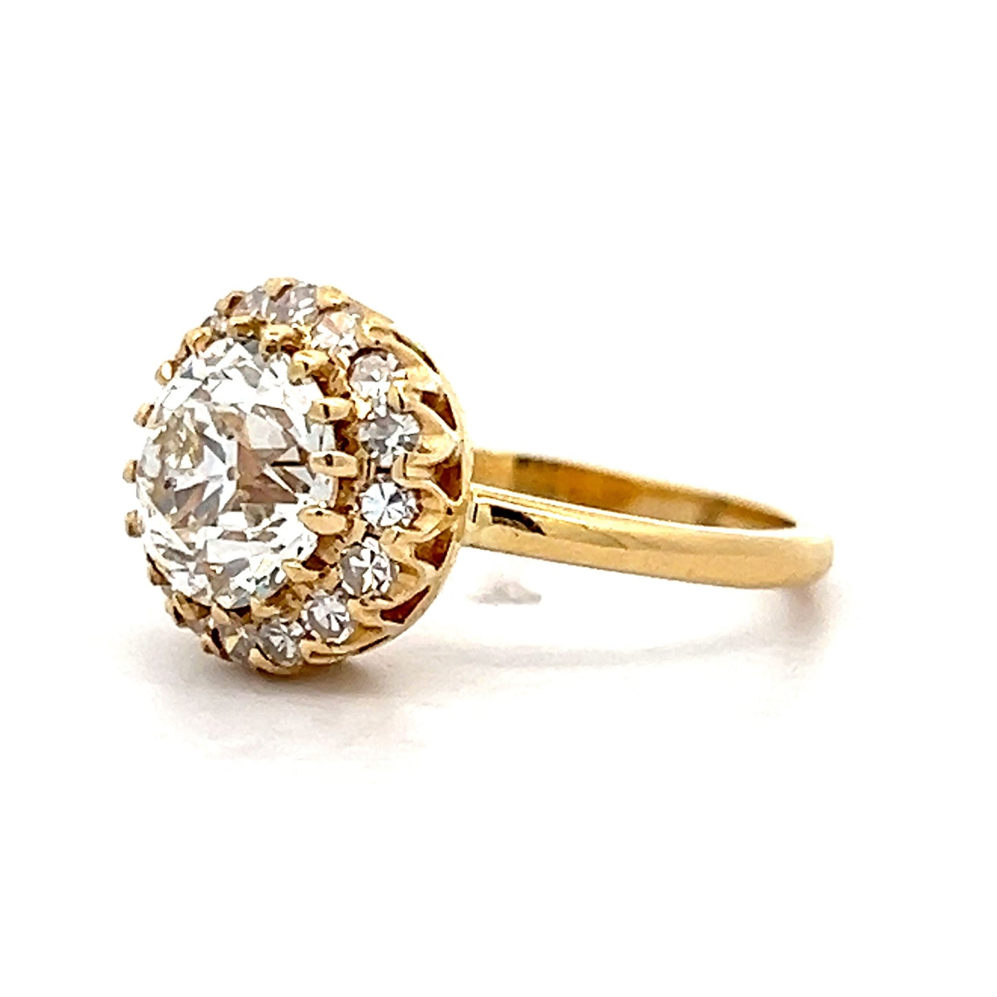 2.16 Victorian Diamond Halo Engagement Ring in 18k Yellow Gold