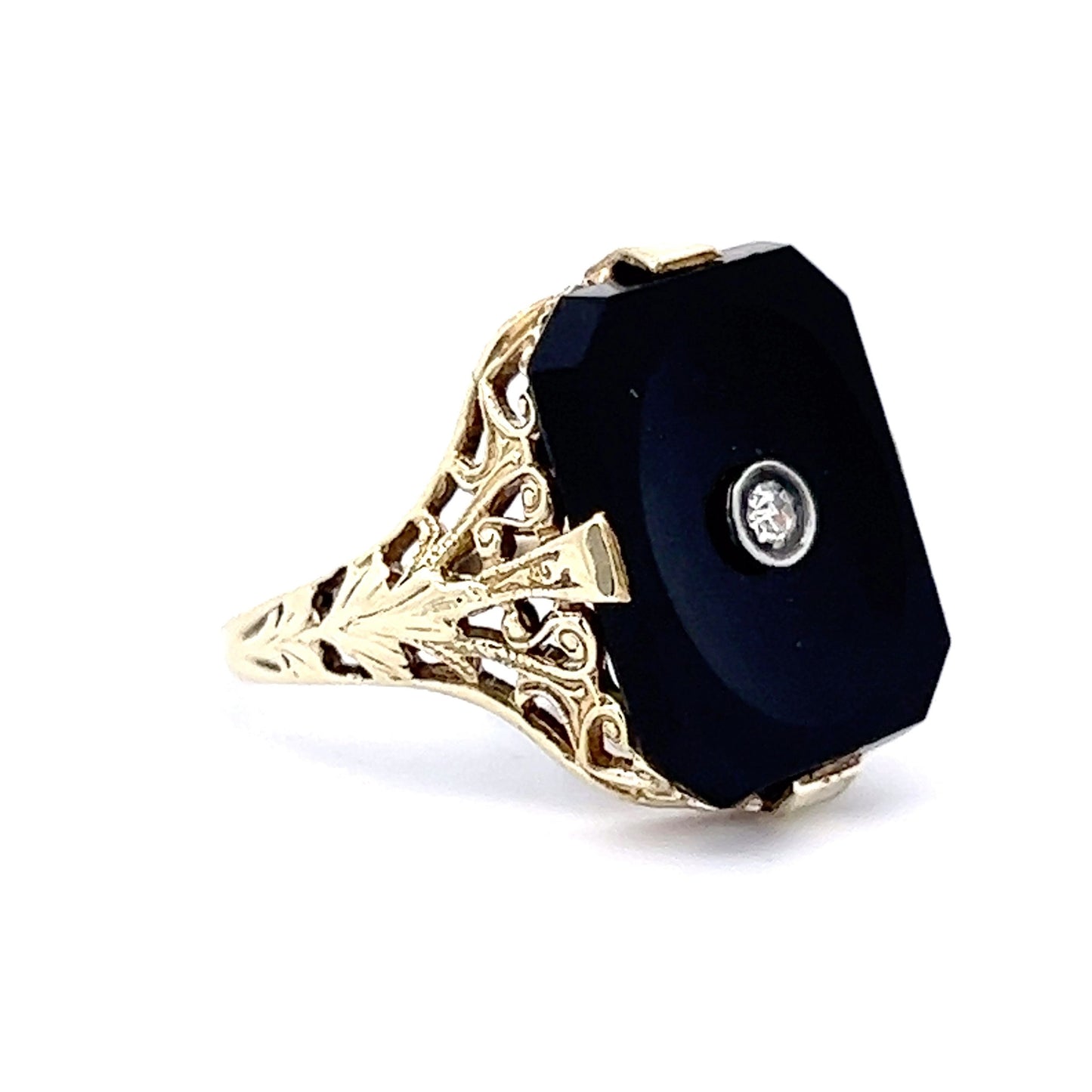 Vintage Art Deco Diamond & Onyx Cocktail Ring in 14k Yellow Gold