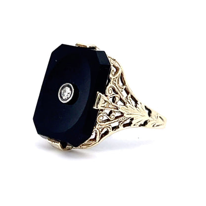 Vintage Art Deco Diamond & Onyx Cocktail Ring in 14k Yellow Gold