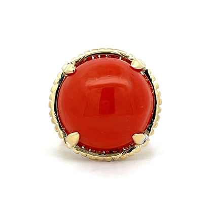 Vintage Mid-Century Cabochon Cut Coral Ring in 14K Yellow Gold
