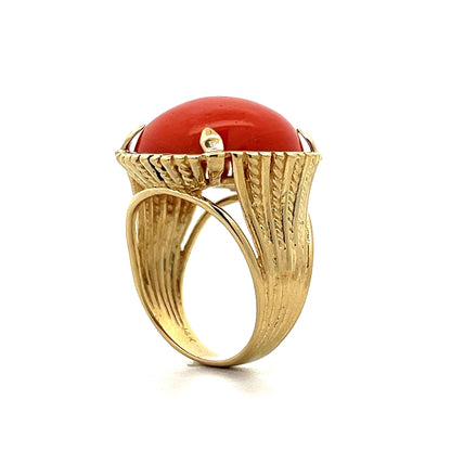 Vintage Mid-Century Cabochon Cut Coral Ring in 14K Yellow Gold