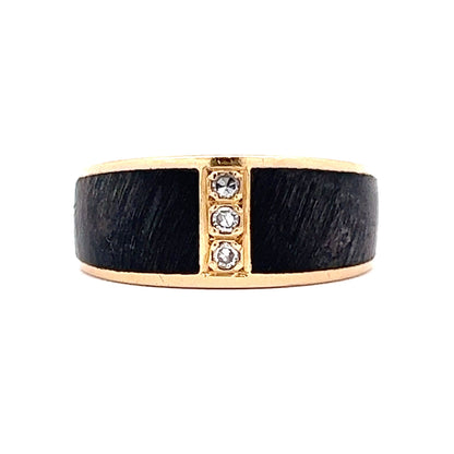 Vintage Mid-Century Black Wood & Diamond Ring in 18k Yellow Gold