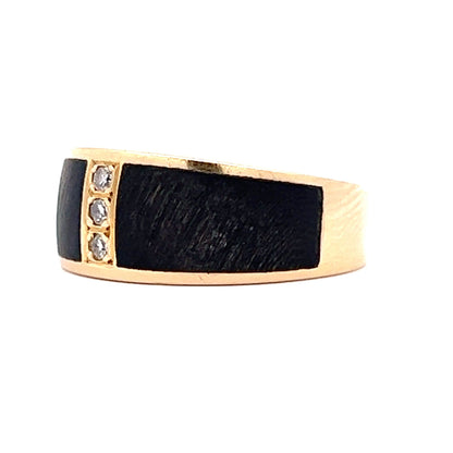 Vintage Mid-Century Black Wood & Diamond Ring in 18k Yellow Gold