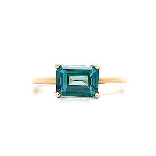 2.05 Blue Topaz Emerald Yellow Gold Stackable Ring