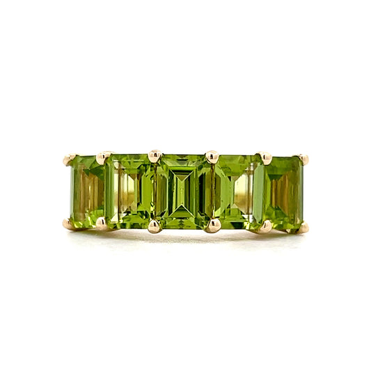Five Stone Emerald Cut Peridot Ring in 14k Yellow Gold