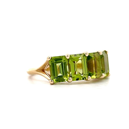 Five Stone Emerald Cut Peridot Ring in 14k Yellow Gold