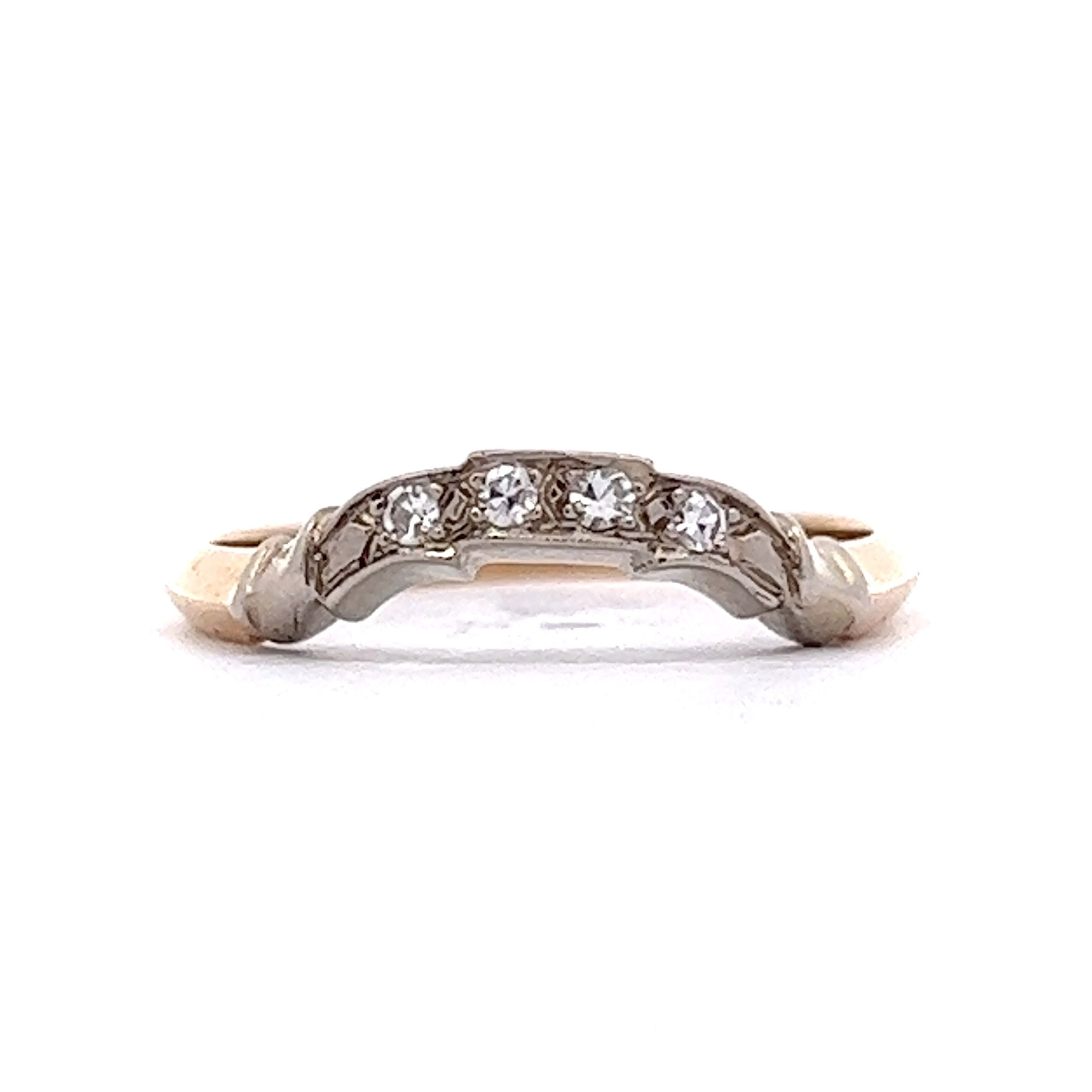 Vintage Retro Two Tone Contour Wedding Band in 14k Yellow White Gold Filigree Jewelers