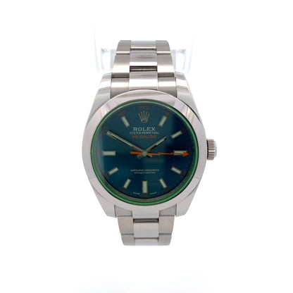 Rolex Milgauss Green Cystal Blue Dial Ref 116400GV in Stainless Steel