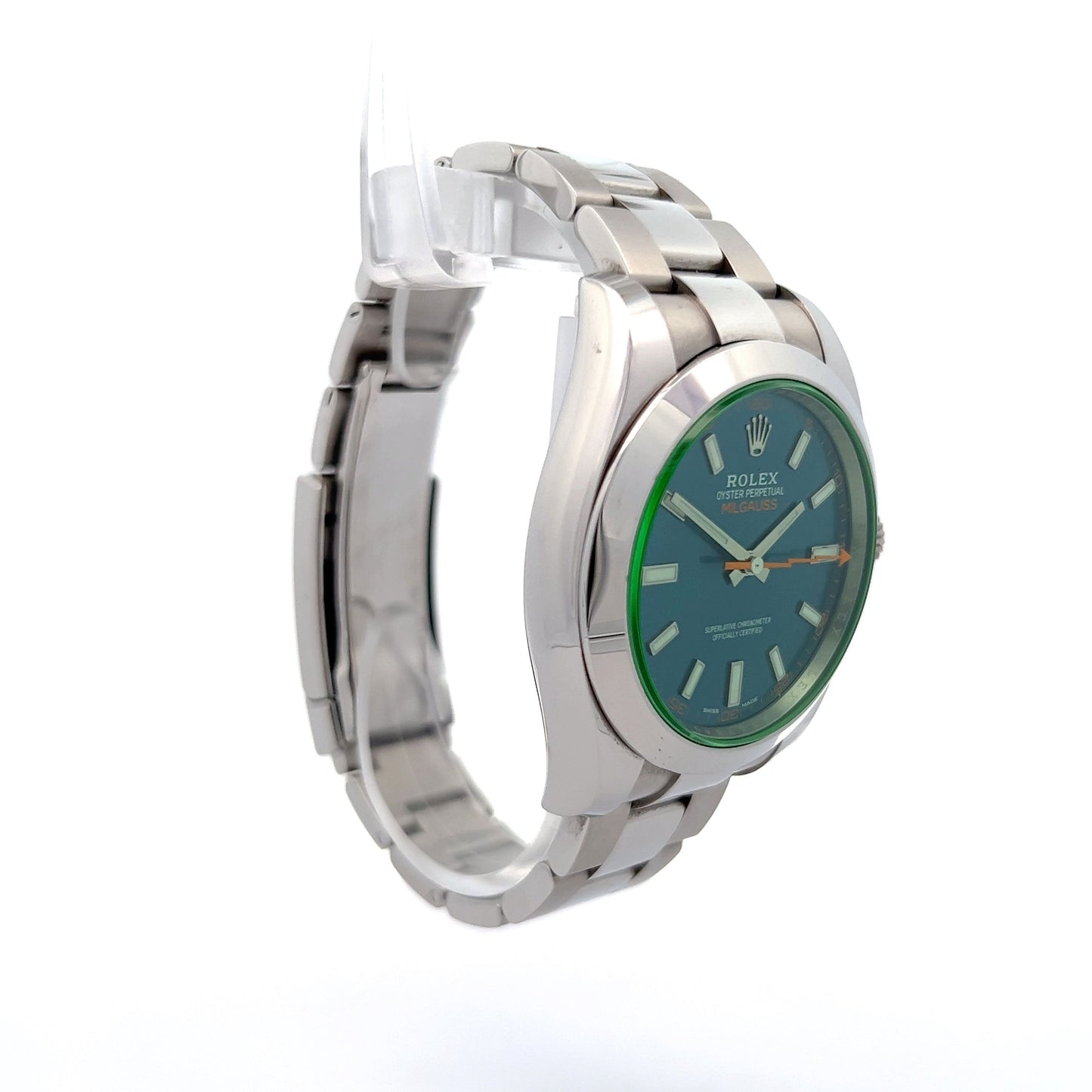 Rolex Milgauss Green Cystal Blue Dial Ref 116400GV in Stainless Steel