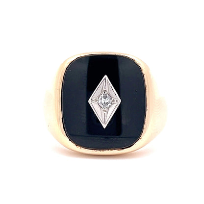 Vintage Retro Onyx & Diamond Signet Ring in 10k Yellow Gold