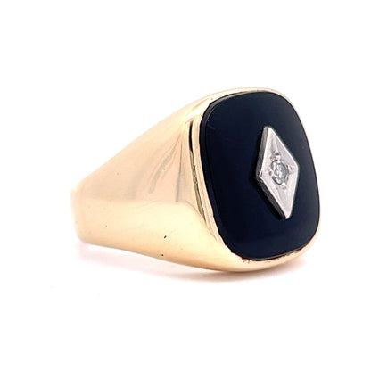 Vintage Retro Onyx & Diamond Signet Ring in 10k Yellow Gold