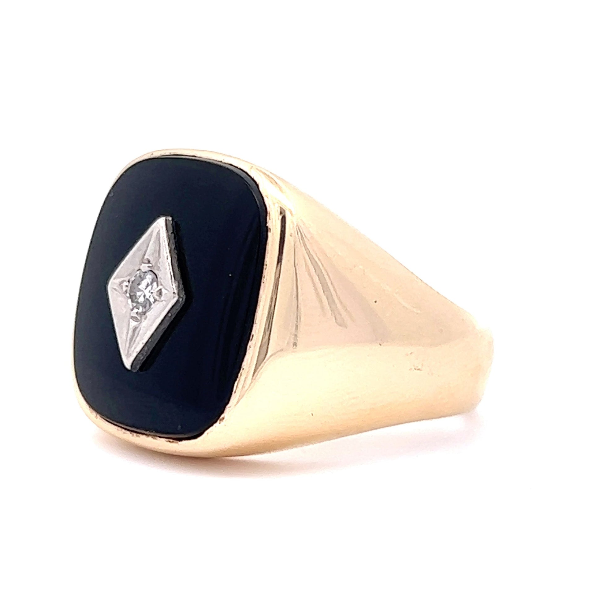 Vintage Retro Onyx Diamond Signet Ring in 10k Yellow Gold