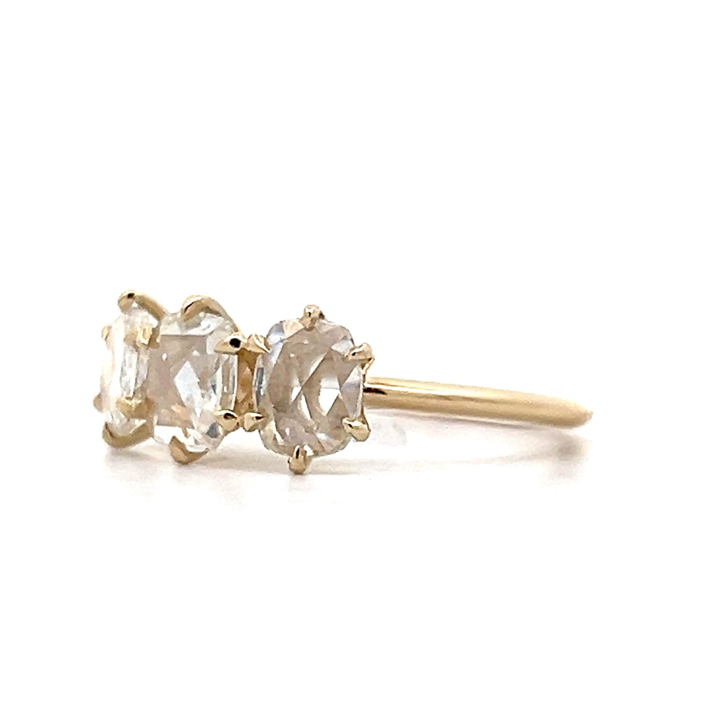 1.88 Rose Cut Diamond Three Stone Engagement Ring in Yellow Gold