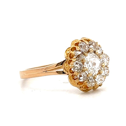 Antique Mine Cut Diamond Cluster Engagement Ring in Yellow Gold