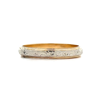 Retro Two-Toned Engraved Wedding Band in 14k