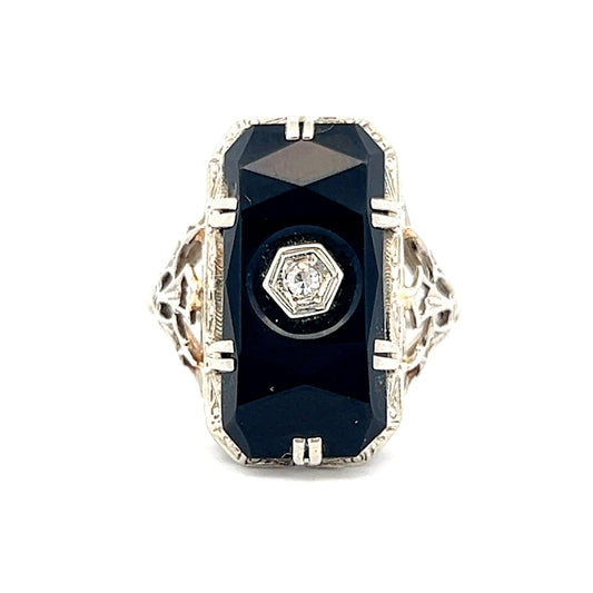 Vintage Art Deco Diamond & Onyx Cocktail Ring in 18k