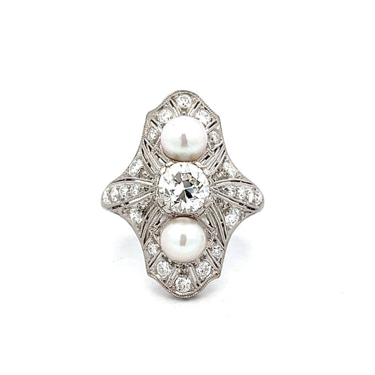 .70 Art Deco Diamond & Pearl Cocktail Ring in Platinum 