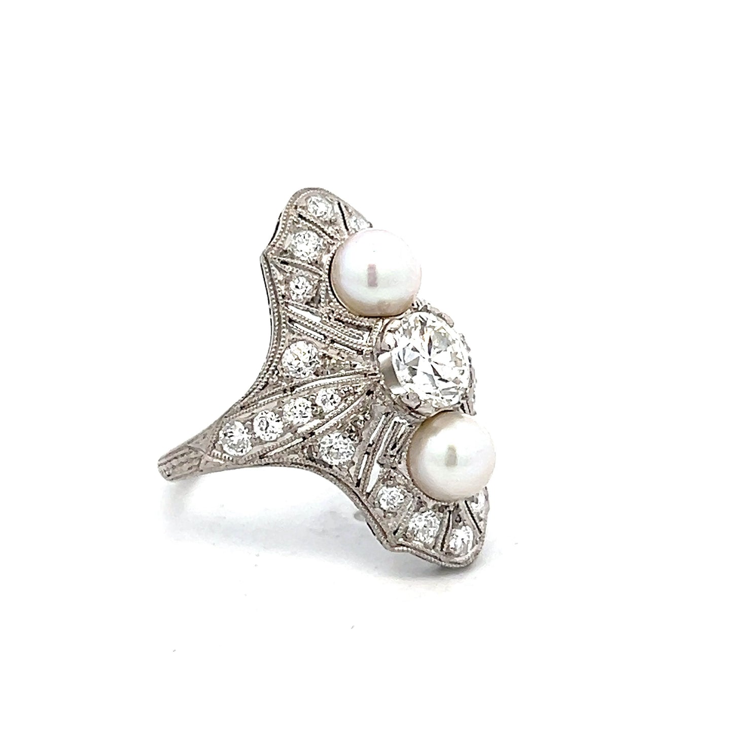 .70 Art Deco Diamond & Pearl Cocktail Ring in Platinum