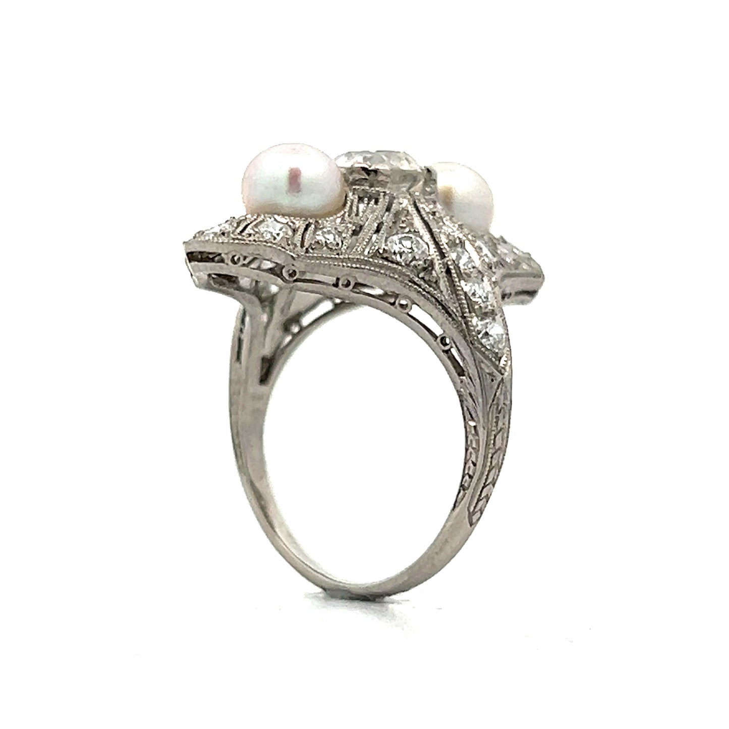 .70 Art Deco Diamond & Pearl Cocktail Ring in Platinum