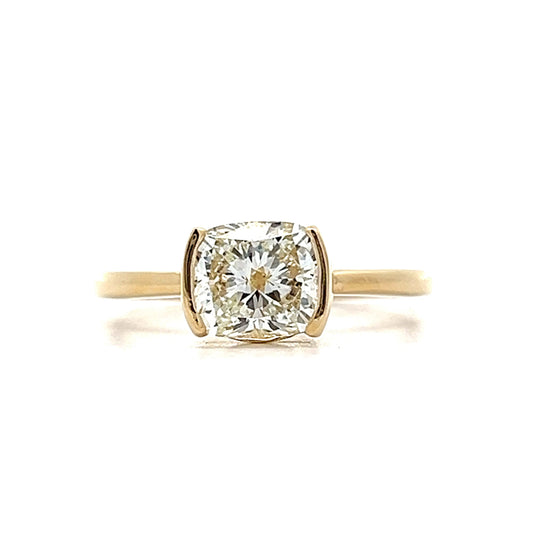 1.50 Cushion Half Bezel Engagement Ring in Yellow Gold