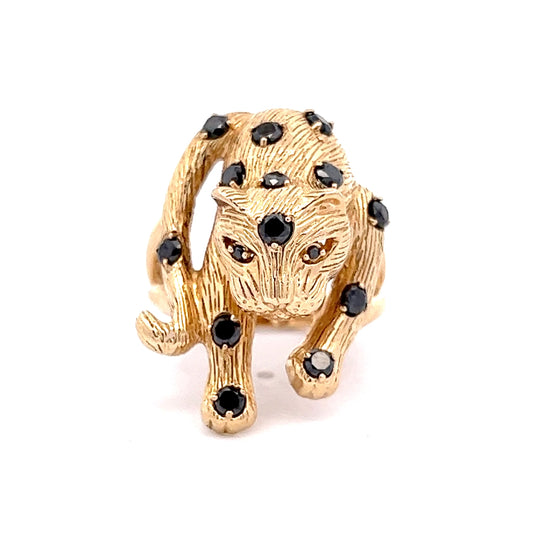 Black Diamond Leopard Cocktail Ring in 14k Yellow Gold