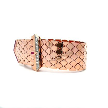 Retro Ruby & Diamond Buckle Bracelet in 14k Rose Gold