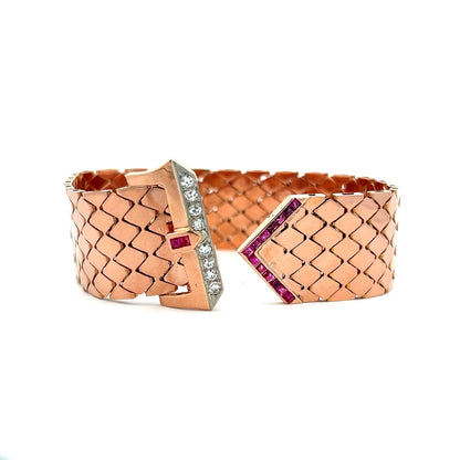 Retro Ruby & Diamond Buckle Bracelet in 14k Rose Gold