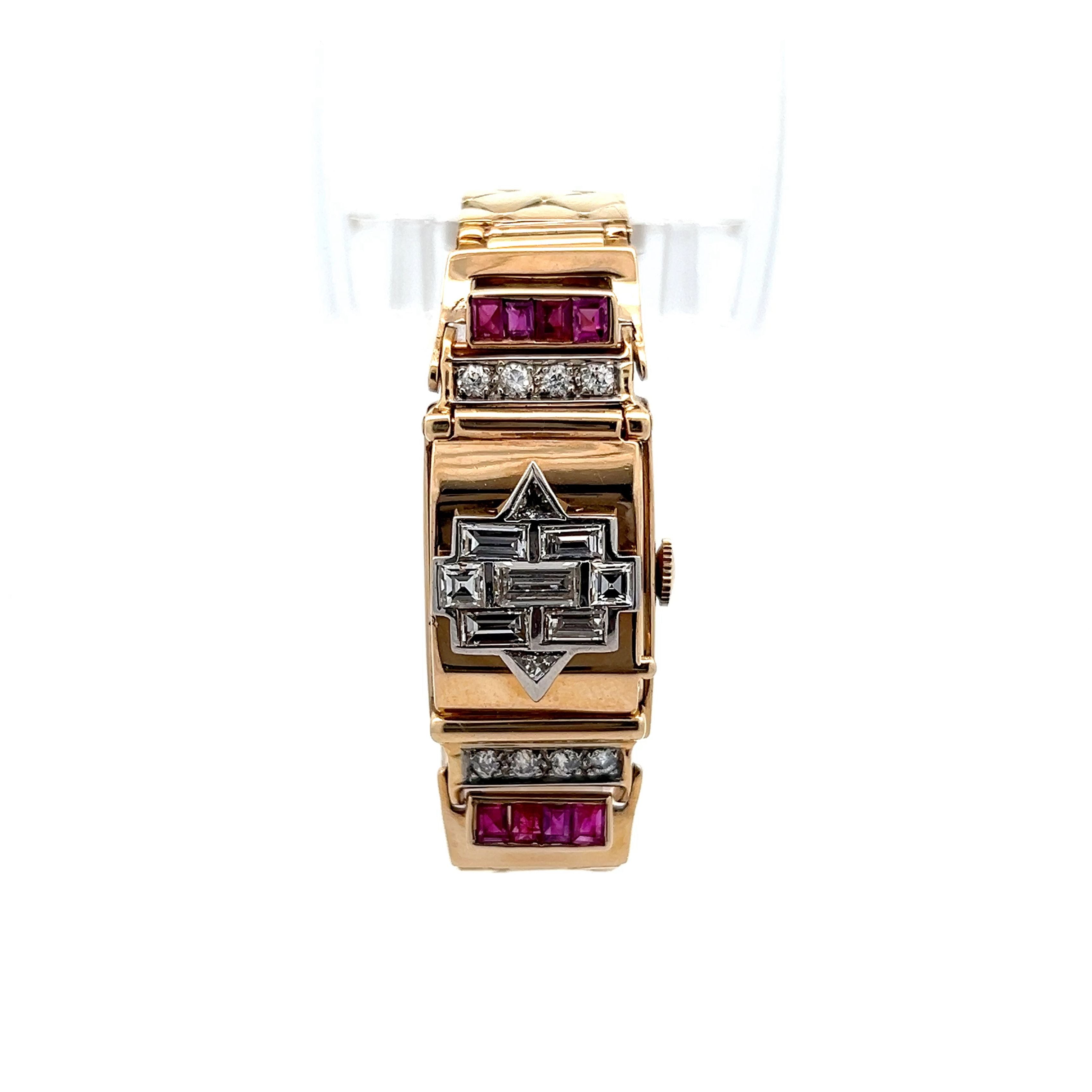 Vintage Retro Diamond Ruby Watch Bracelet in 14k Yellow Gold