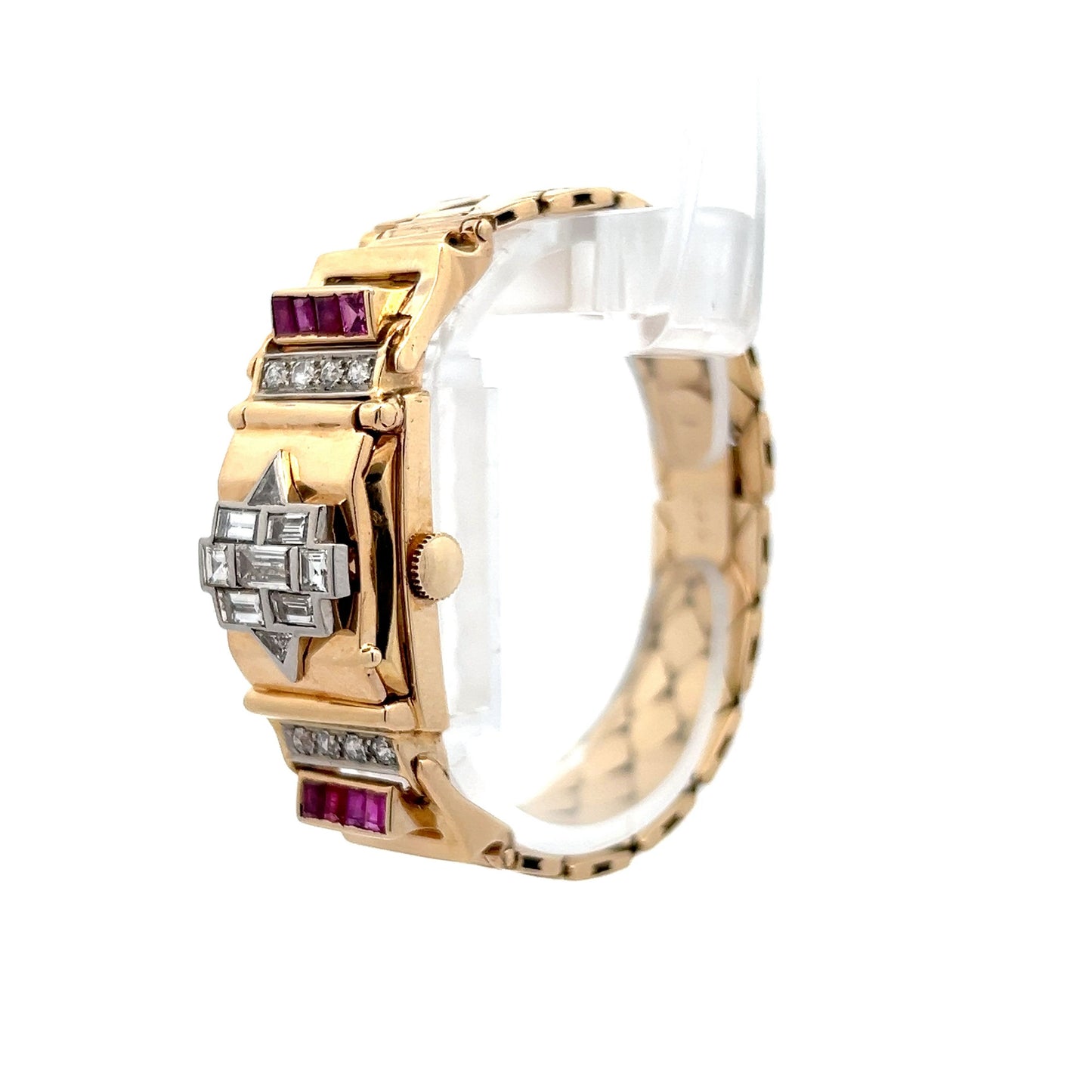 Vintage Retro Diamond & Ruby Watch Bracelet in 14k Yellow Gold