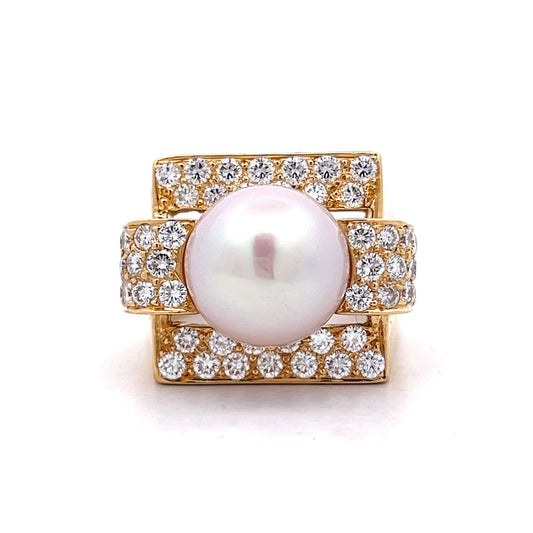 Vintage Mid-Century Pearl & Diamond Ring in 18k