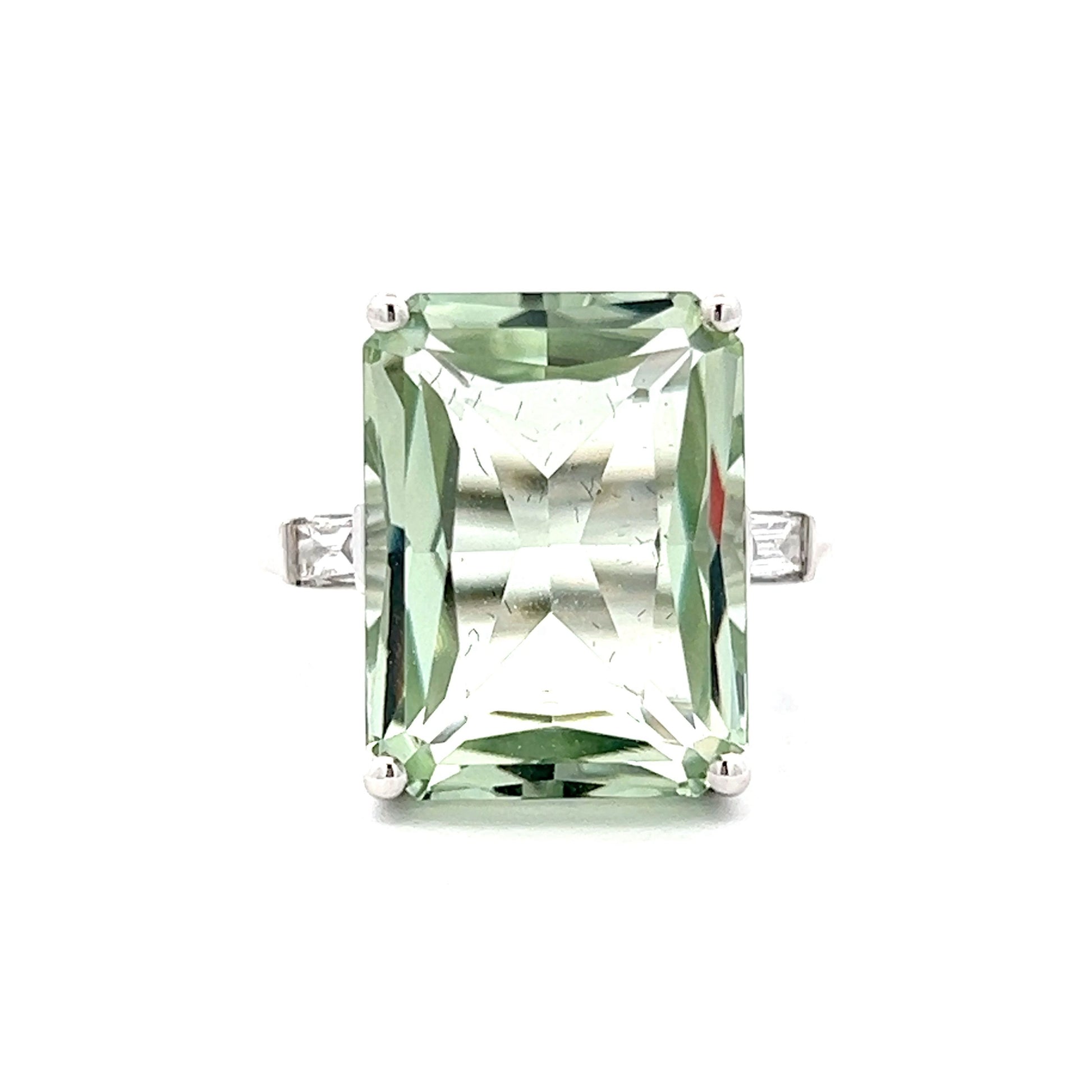 Green Amethyst & Diamond Cocktail Ring in 14k White Gold