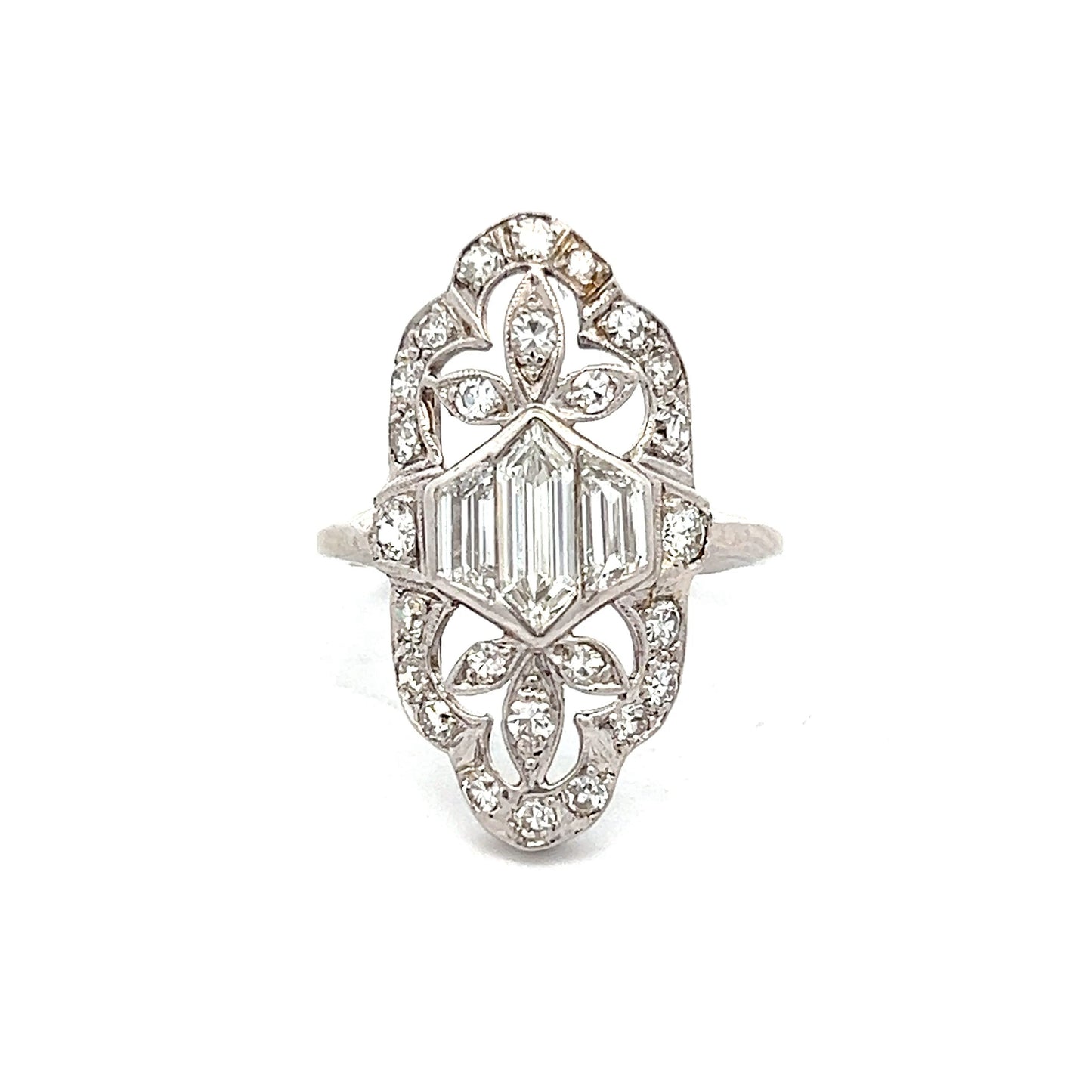 1.39 Art Deco Diamond Navette Cocktail Ring in Platinum