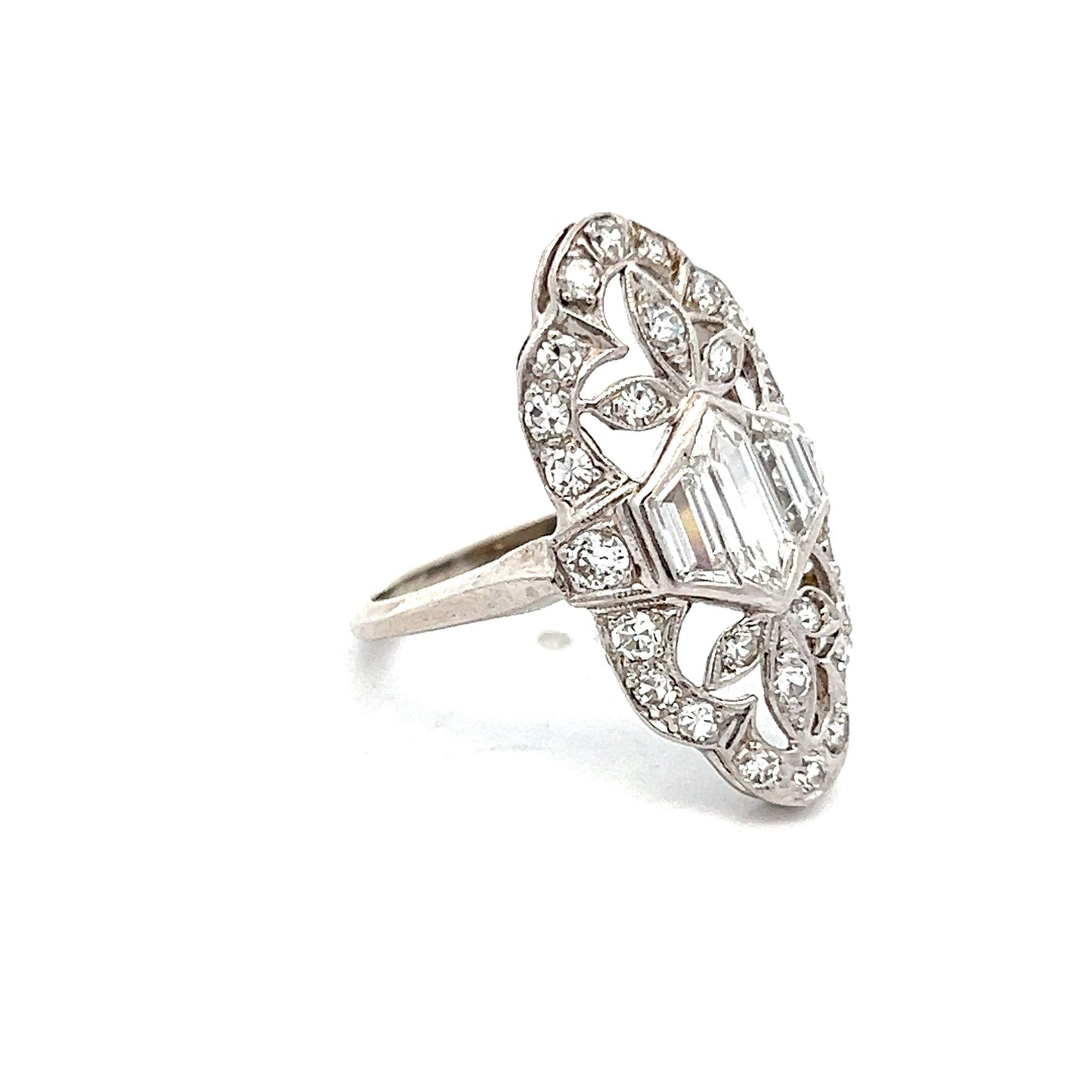 1.39 Art Deco Diamond Navette Cocktail Ring in Platinum