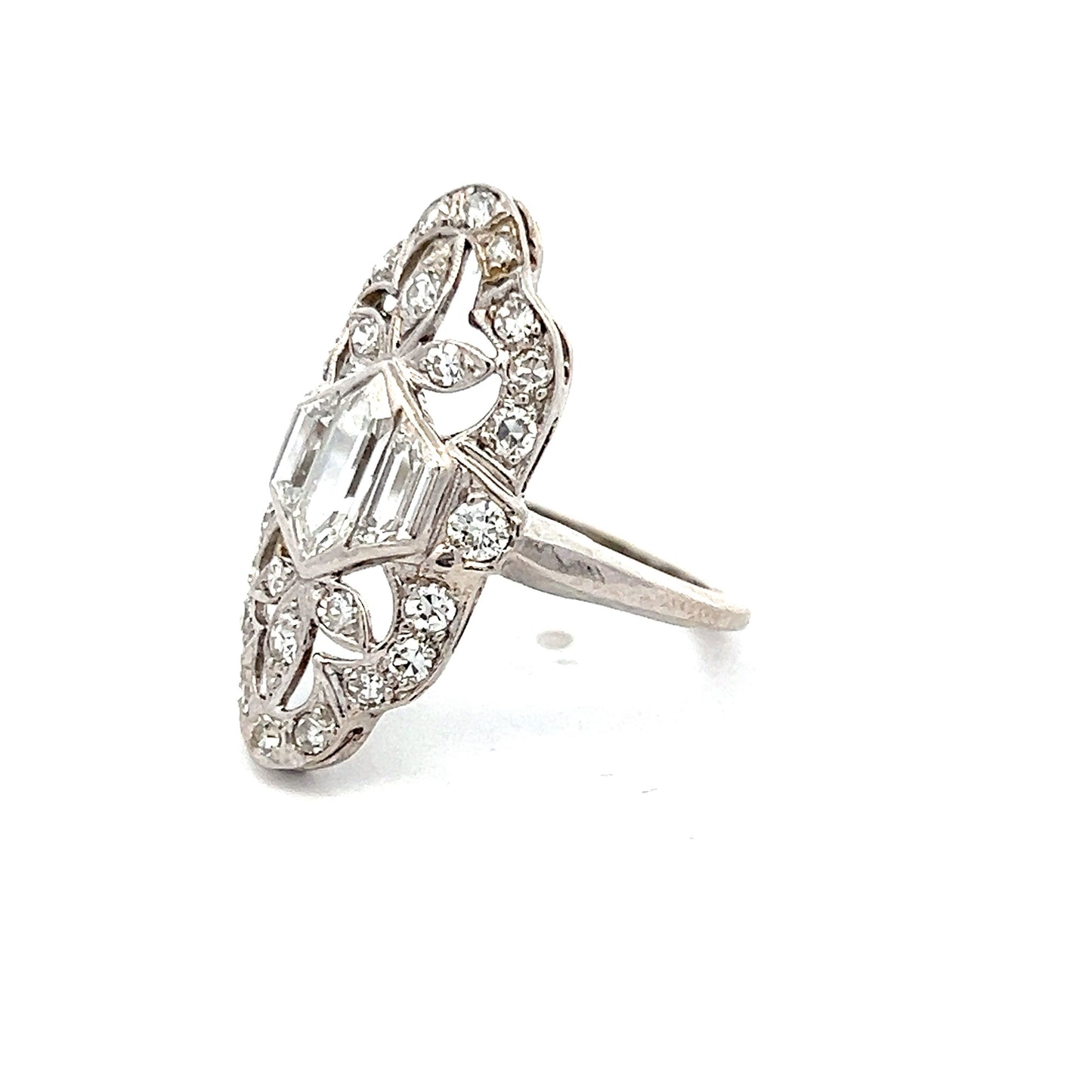 1.39 Art Deco Diamond Navette Cocktail Ring in Platinum