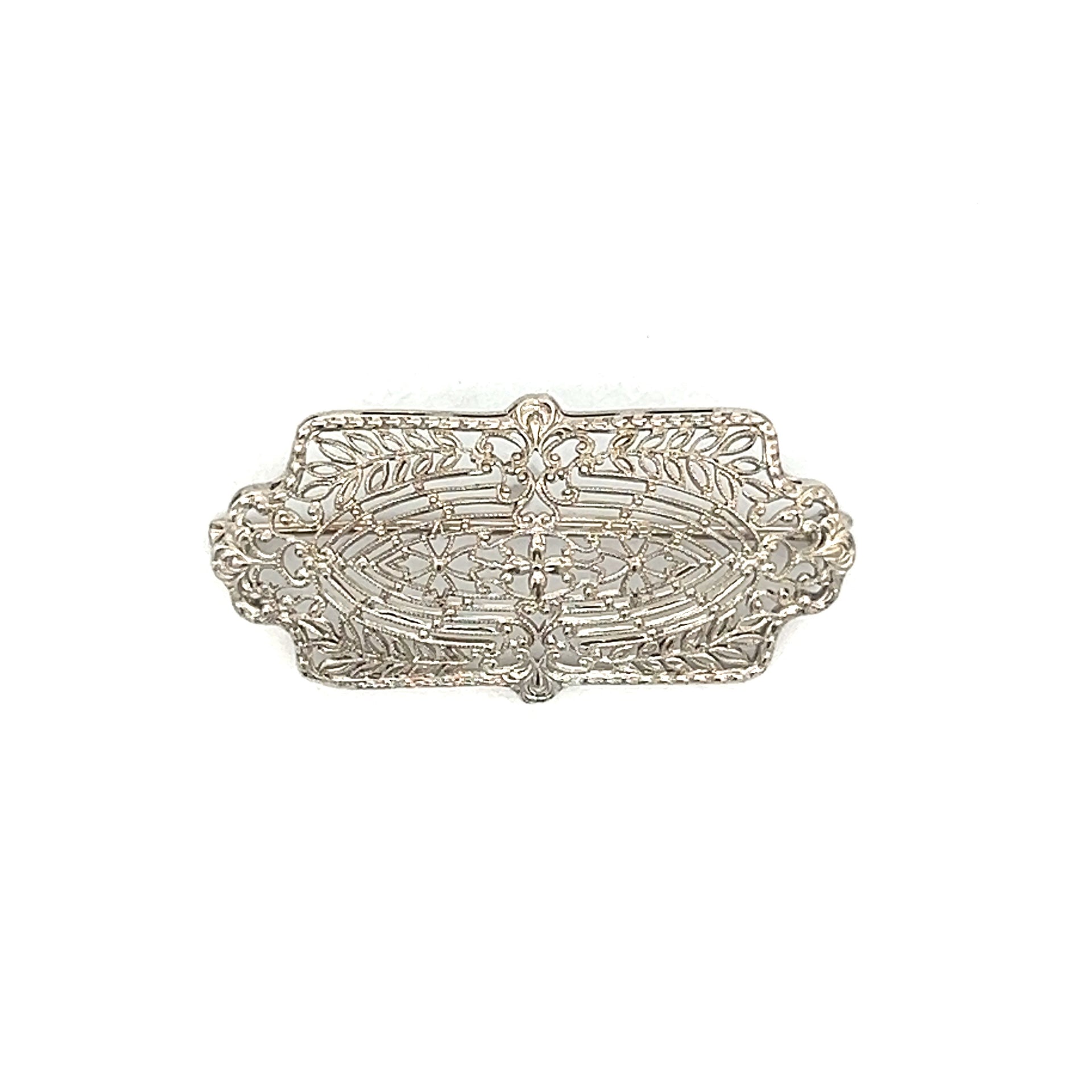 Superbe Petite Broche Art Déco Argenté Géométrique Rectangle Floral